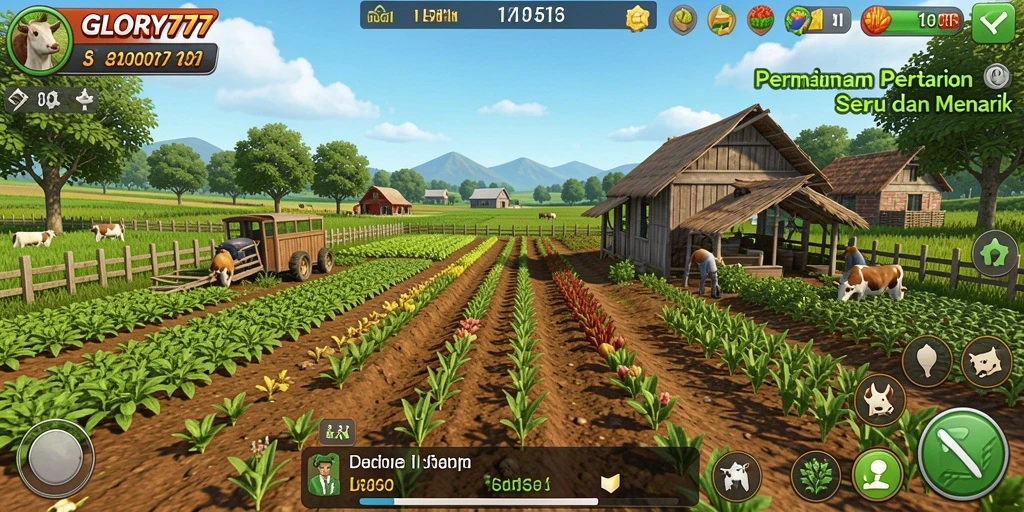 Screenshot GLORY777 menampilkan berbagai aktivitas bertani yang seru.