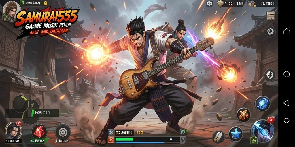 Screenshot gameplay SAMURAI555 menampilkan aksi seru dan alunan musik.